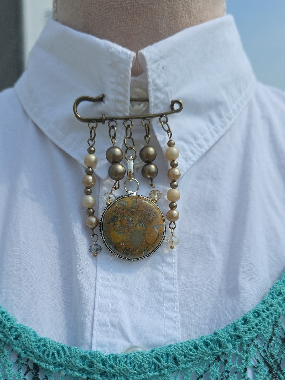 Artisian Gold and Brown Beaded Brooch